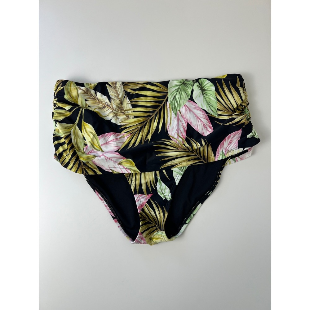 Lands' End Tropical Floral Fold Over Bikini Bottoms Women Large Swim Brief Black
